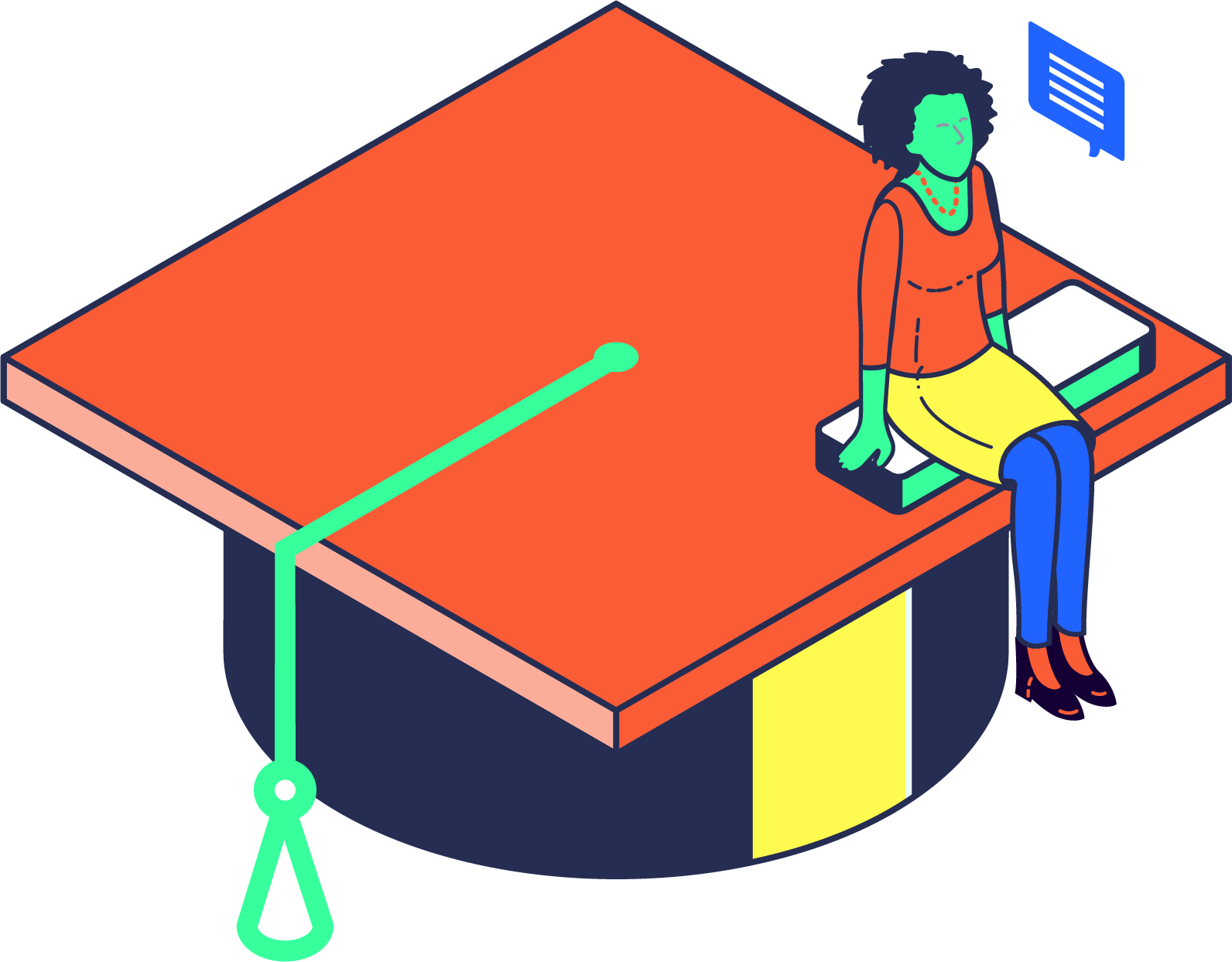 illustration of girl sitting on a college hat